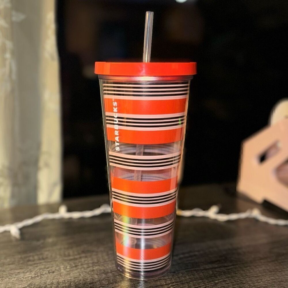 STARBUCKS 2018 halloween black, white, and orange striped 24oz tumbler